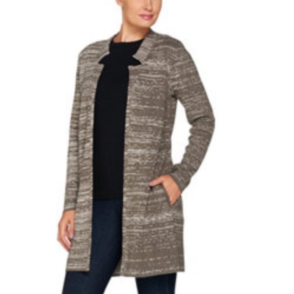 H by Halston Brown and Cream Marled Open Front Long Cardigan